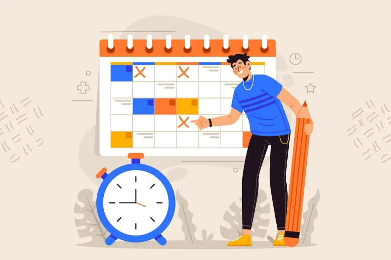 Man in front of a calendar and clock for scheduling content marketing